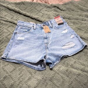 Light Blue Distressed High Waisted Mom Denim Shorts